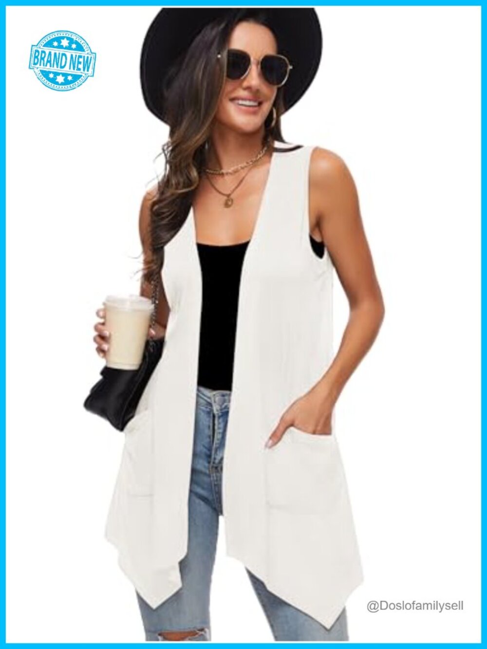 Sleeveless Open Front Draped Cardigan Vest High Low Hem Pockets
